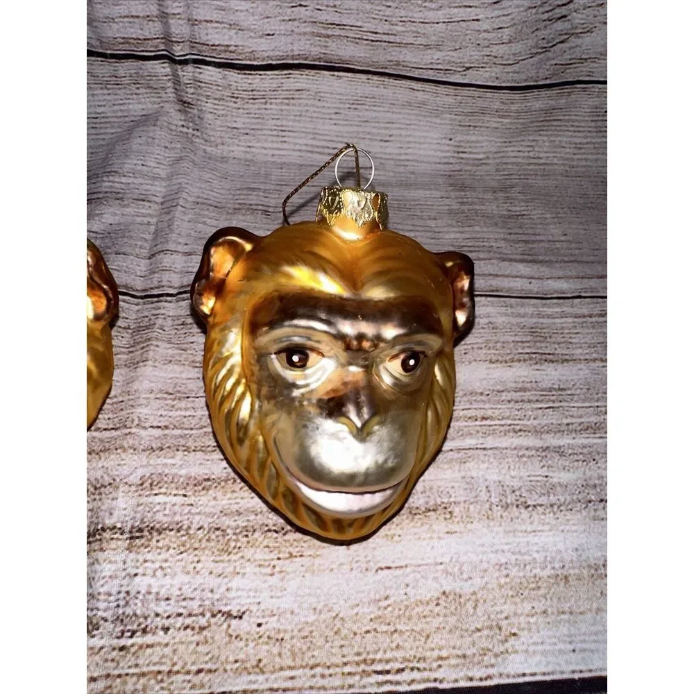 Set of 2 Monkey Head Glass Christmas Ornaments‎ Gold Safari Jungle Chimpanzee